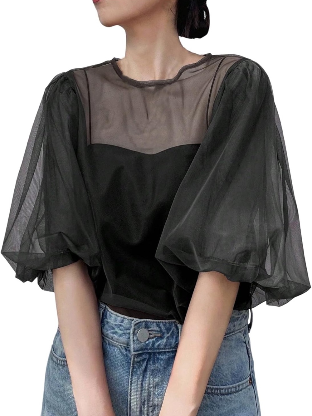 Sheer Puff Sleeve Black Women's Top